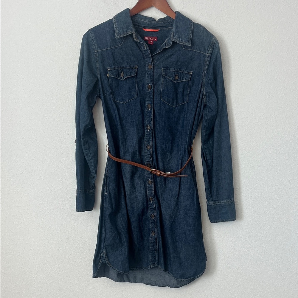 Merona Blue Denim Button-Up Long Sleeve Belted Dress